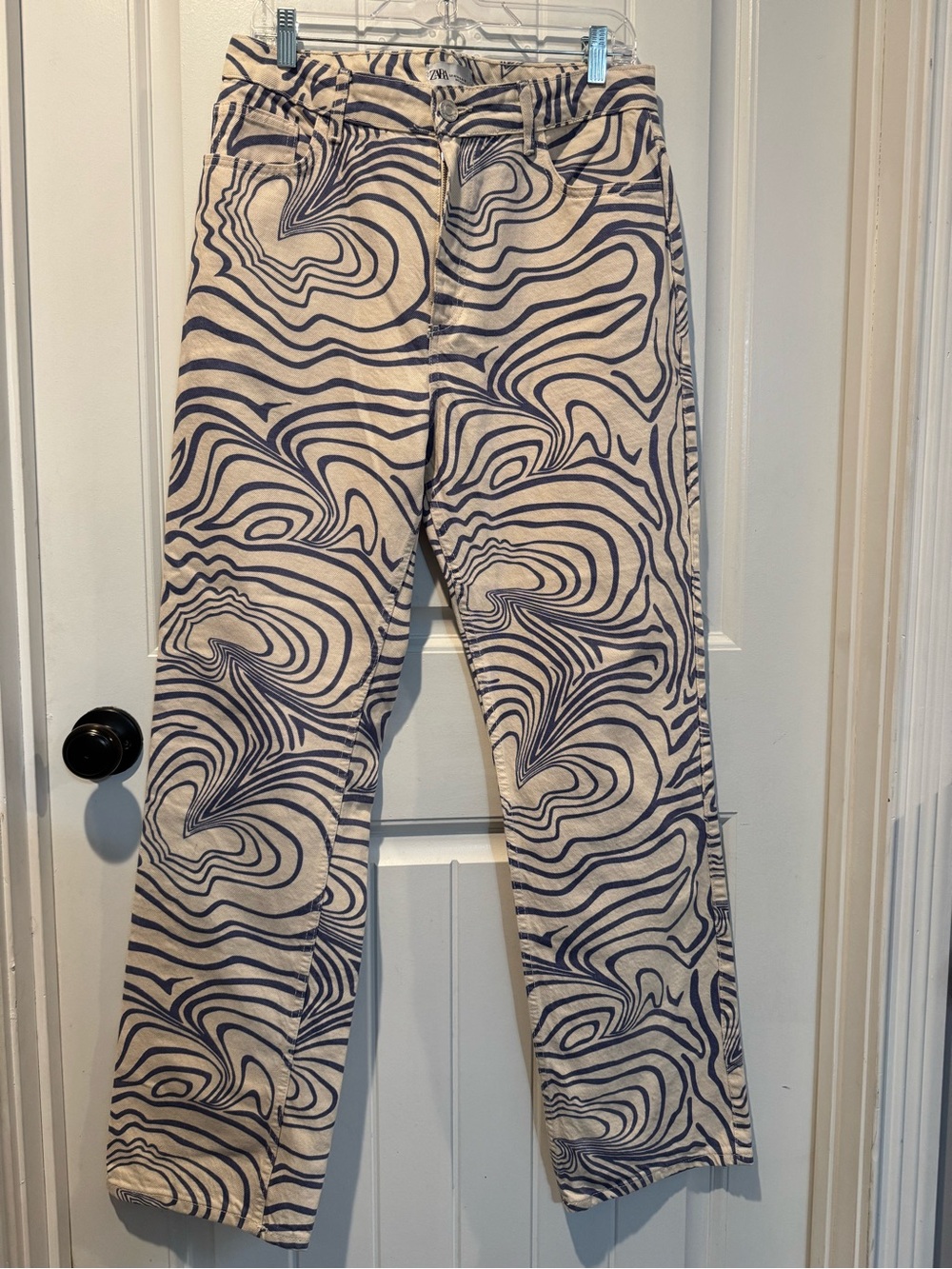 Zara Cream Jeans with Periwinkle Swirl Print - Straight Leg